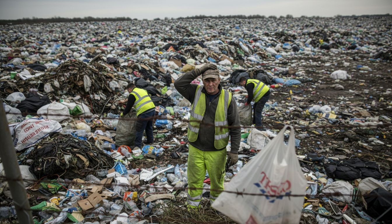 Landfill with single-use plastics and workers