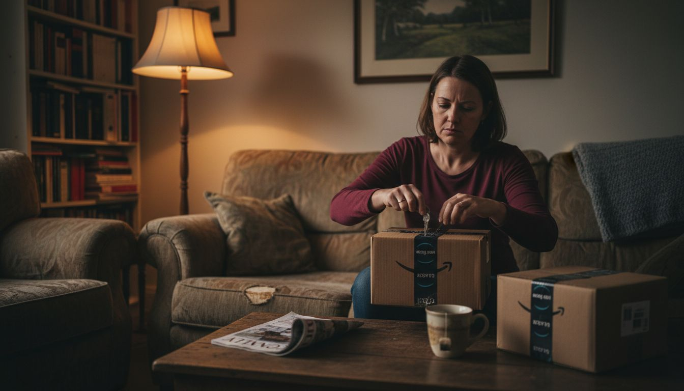 Woman opening package looking dissatisfied