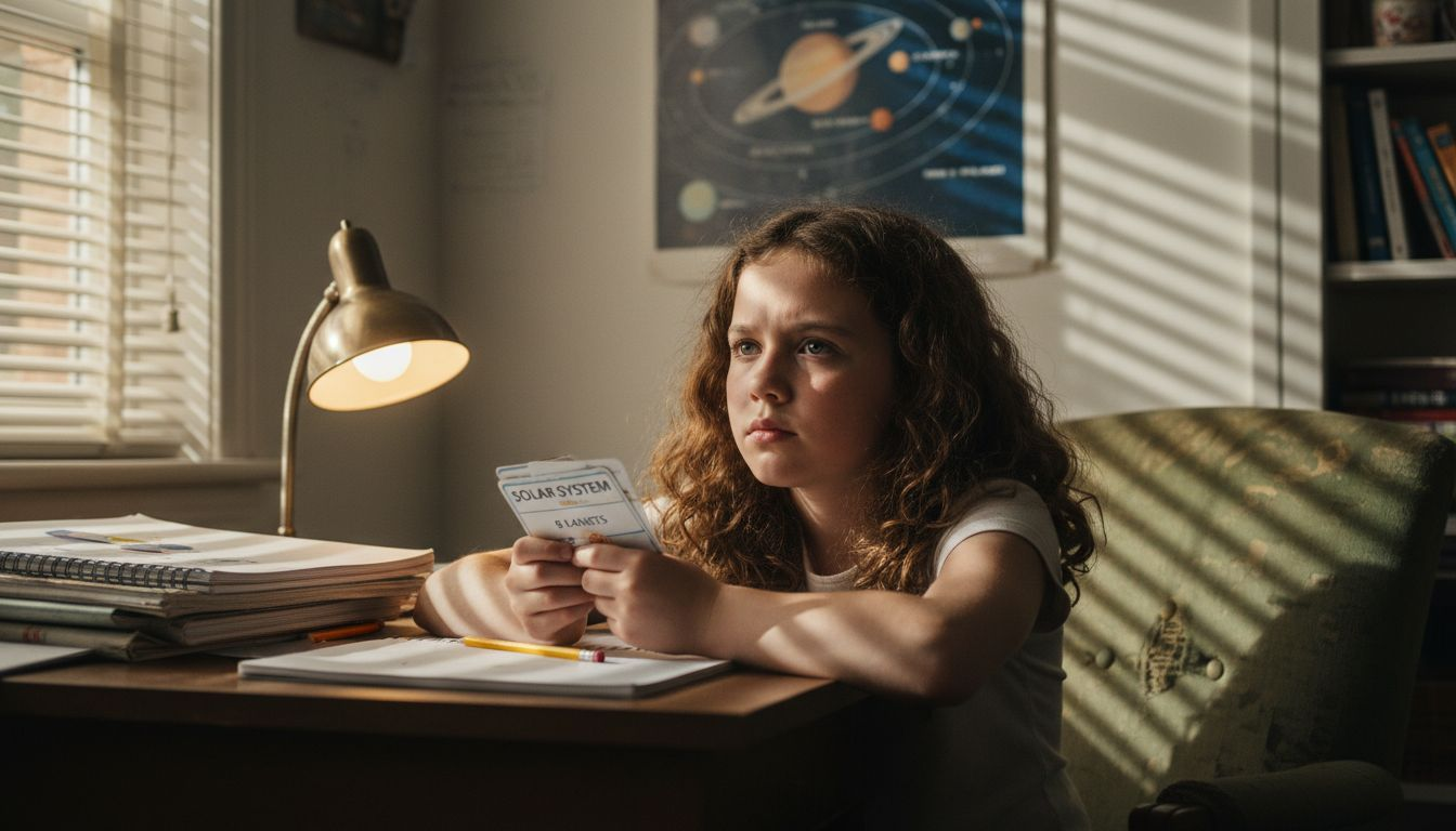 Girl recalling science facts at cluttered desk