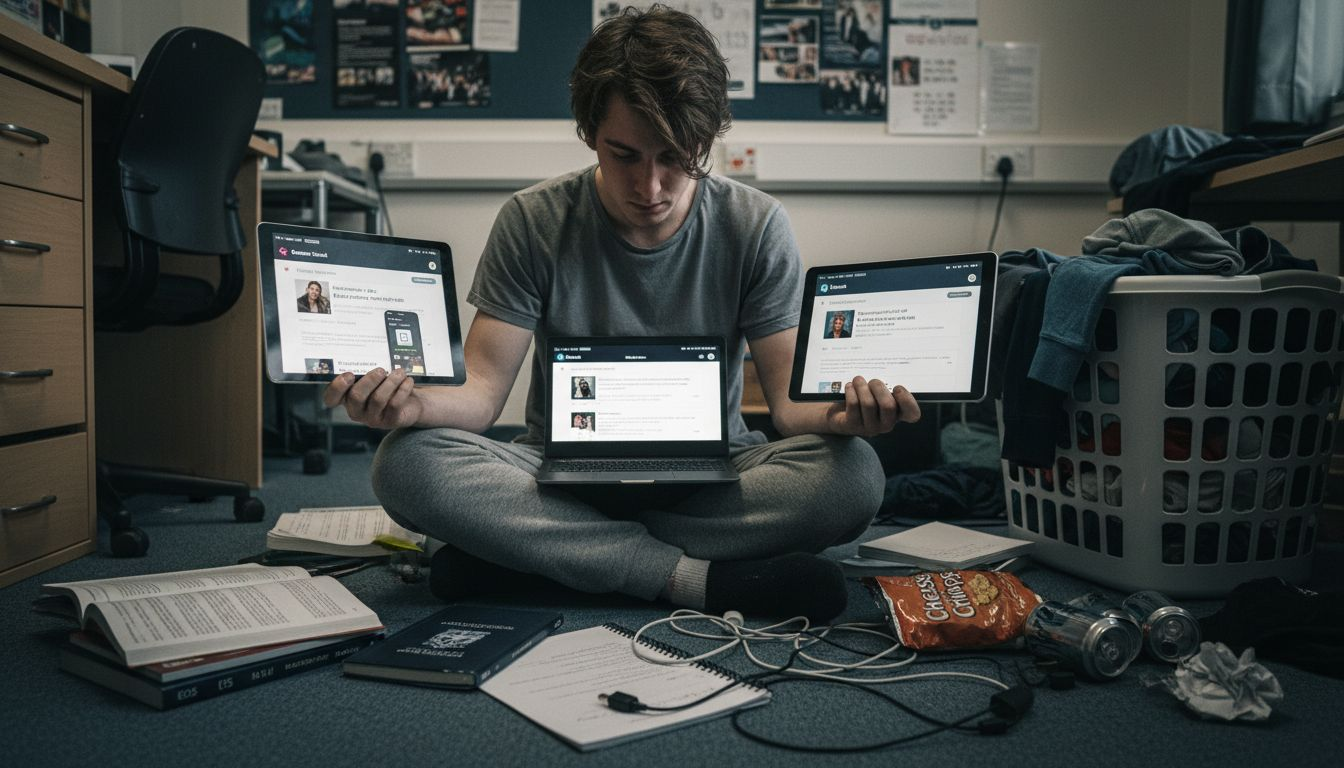 Man juggling multiple digital identities at home