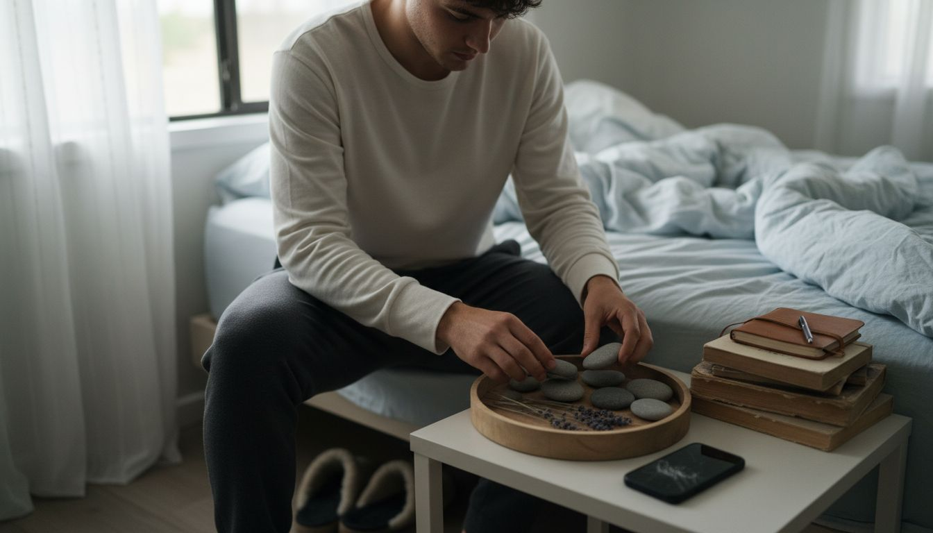 Man performing anxiety-reducing ritual in bedroom