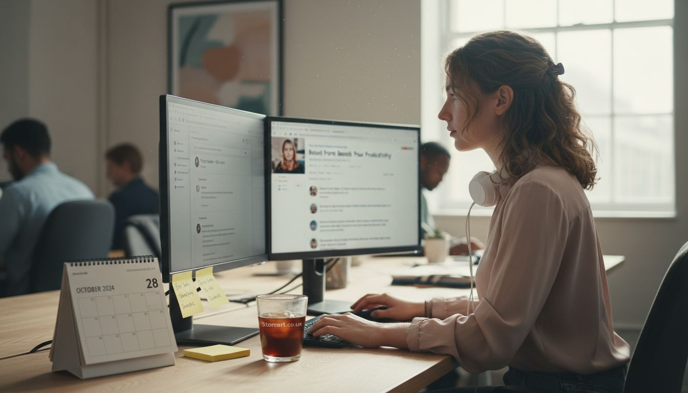 Woman multitasking at cluttered coworking desk