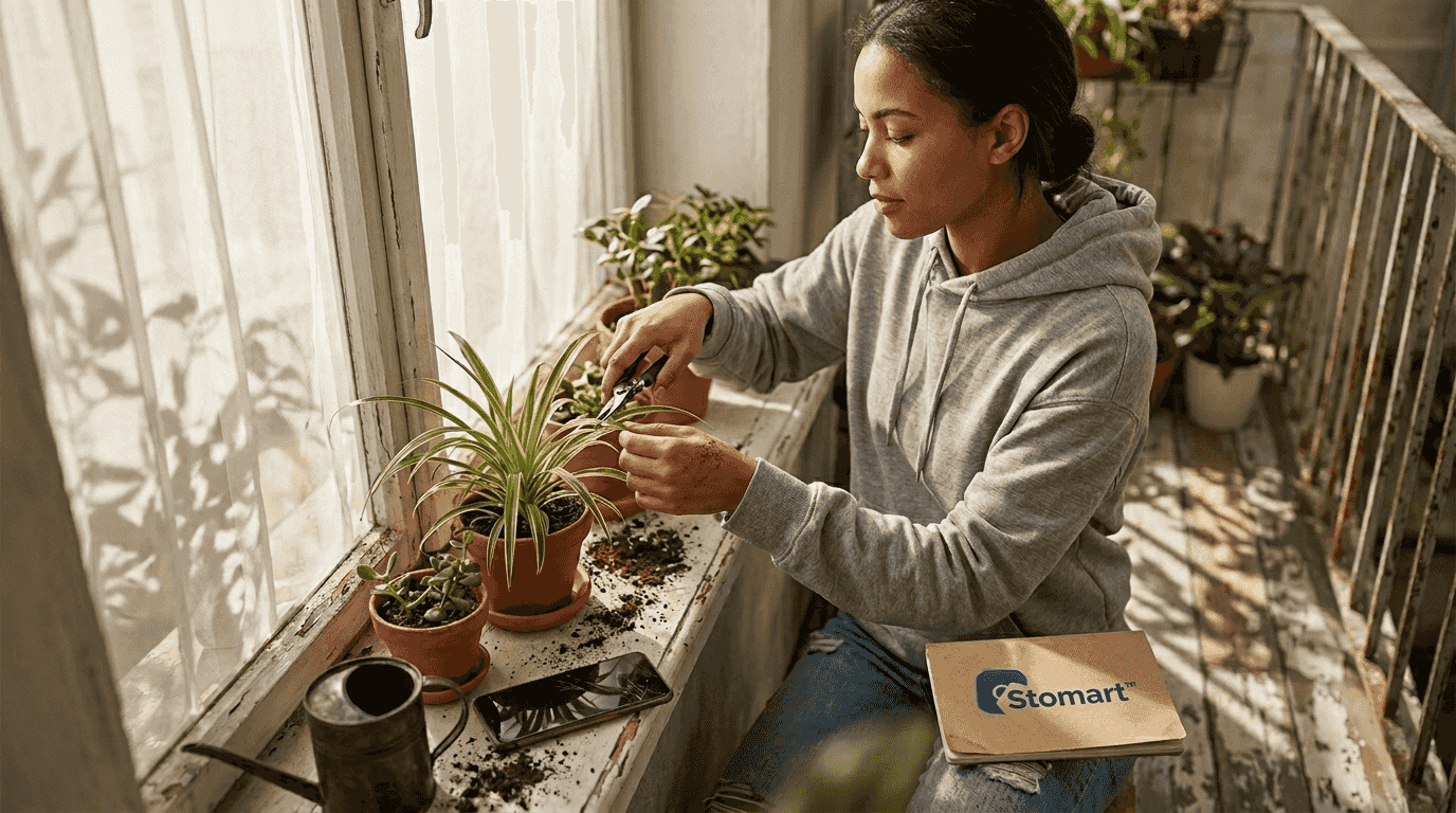 Woman caring for plants at home