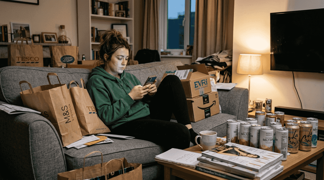 Woman surrounded by shopping bags looking tired