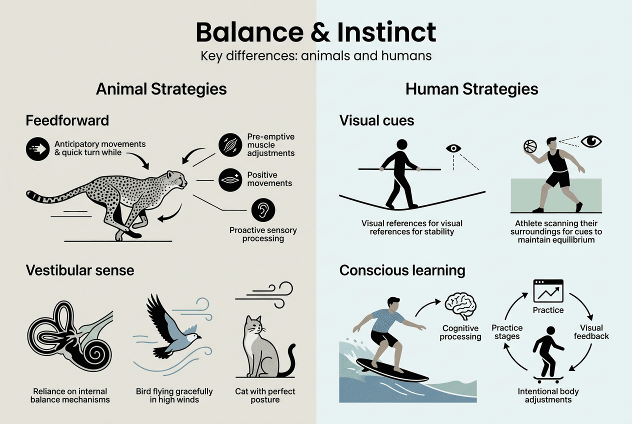 Infographic comparing animal and human balance