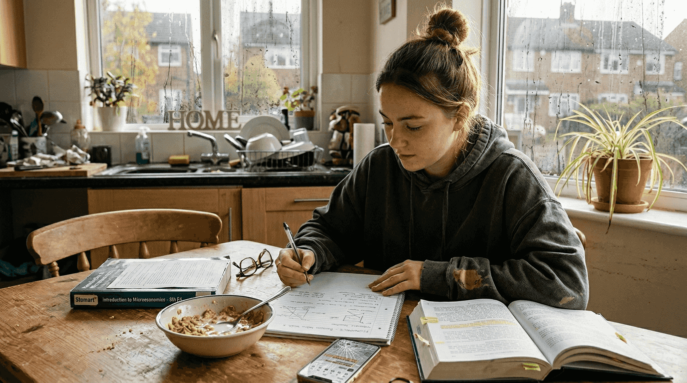 Student at messy table reviewing notes