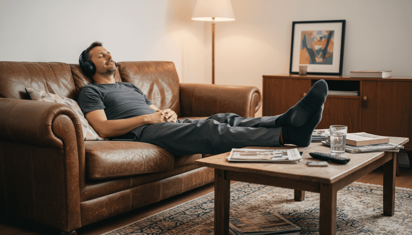 Man relaxing on sofa with headphones