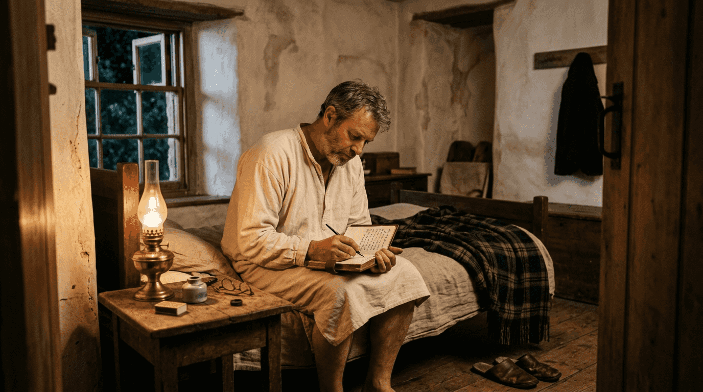 Man journaling during segmented sleep wakeful period