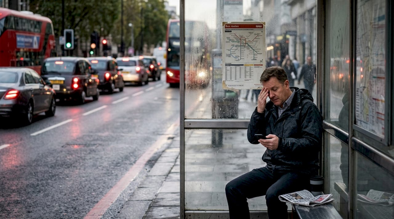 Man at bus stop with city traffic stress
