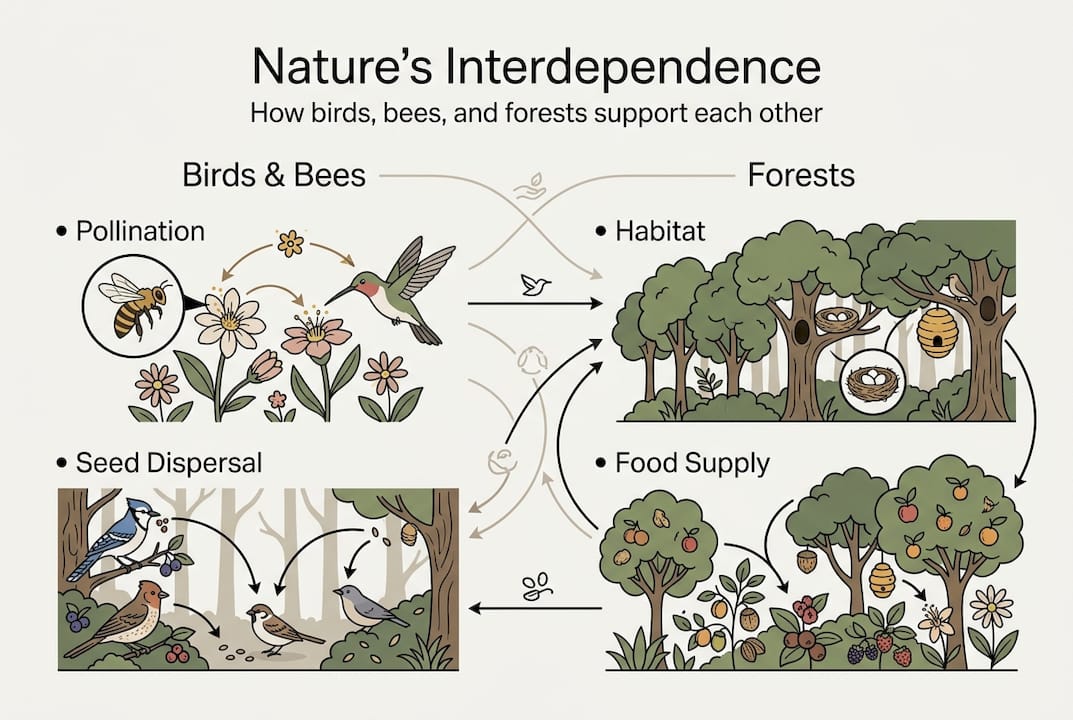 Infographic showing birds, bees, forest connections
