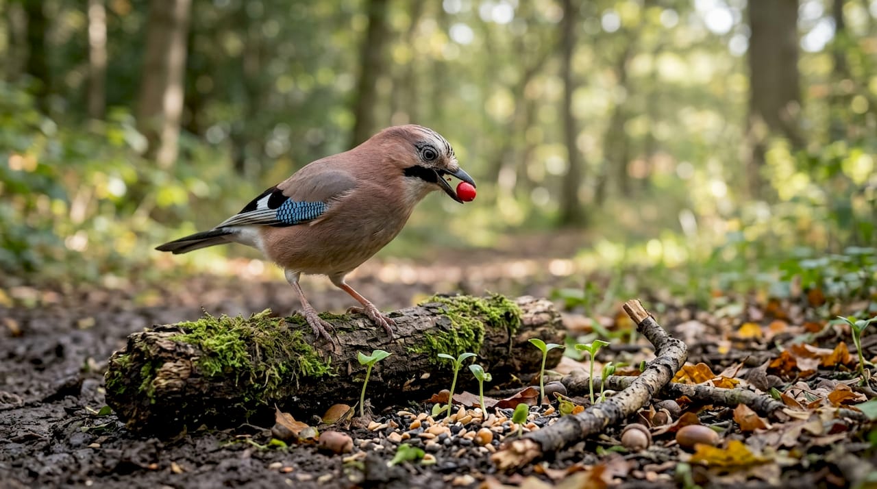 Jay distributing seeds on forest path