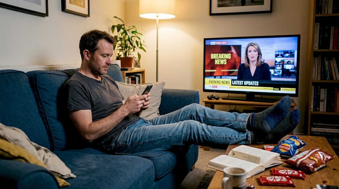 Man scrolling phone on messy living room sofa