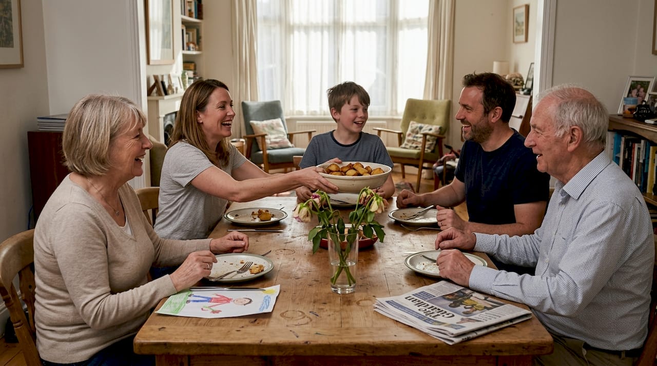 Family gathers around worn wooden dining table