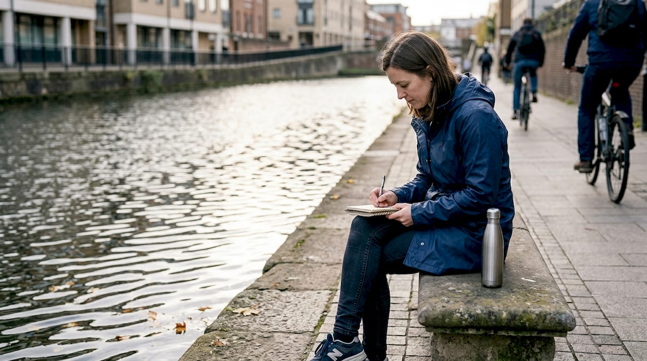 Woman journaling near flowing city canal
