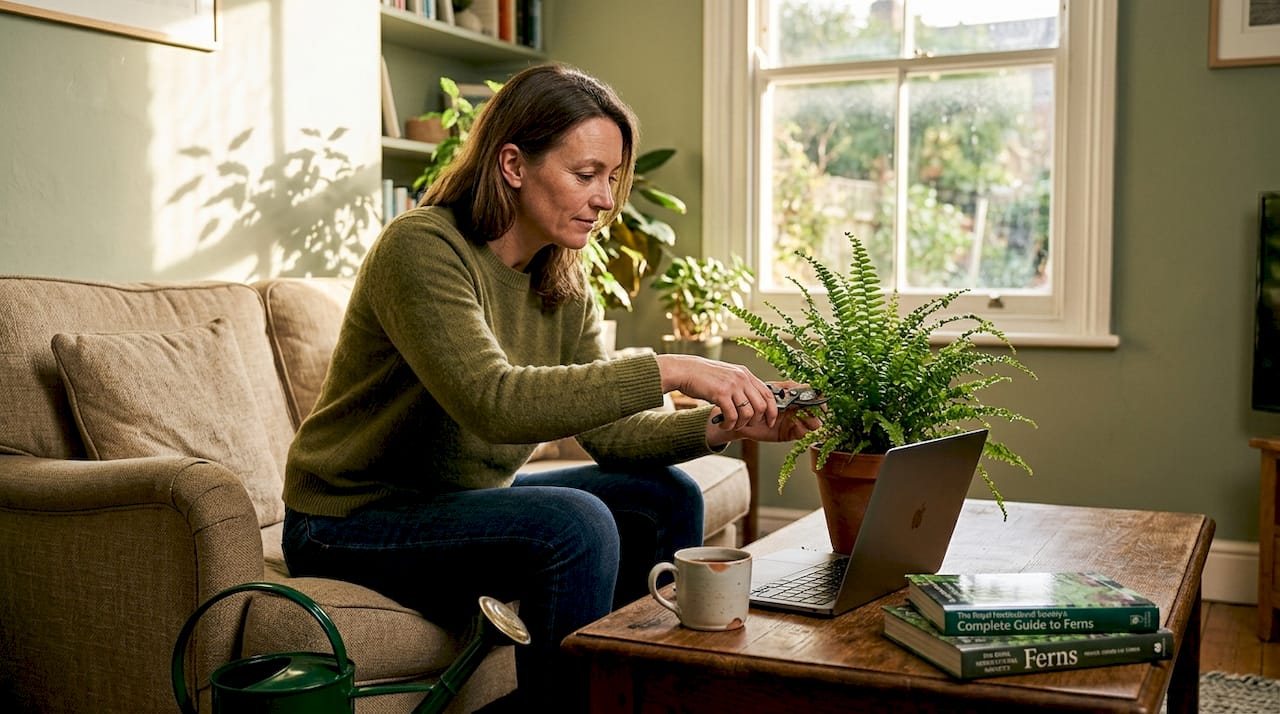 Woman tending houseplants in cozy living room