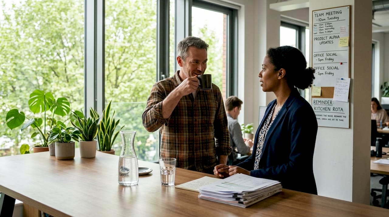 Open office with plants and relaxed workers