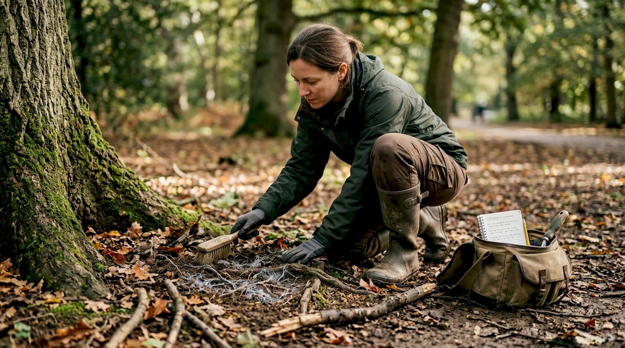 Botanist revealing forest roots and fungal filaments