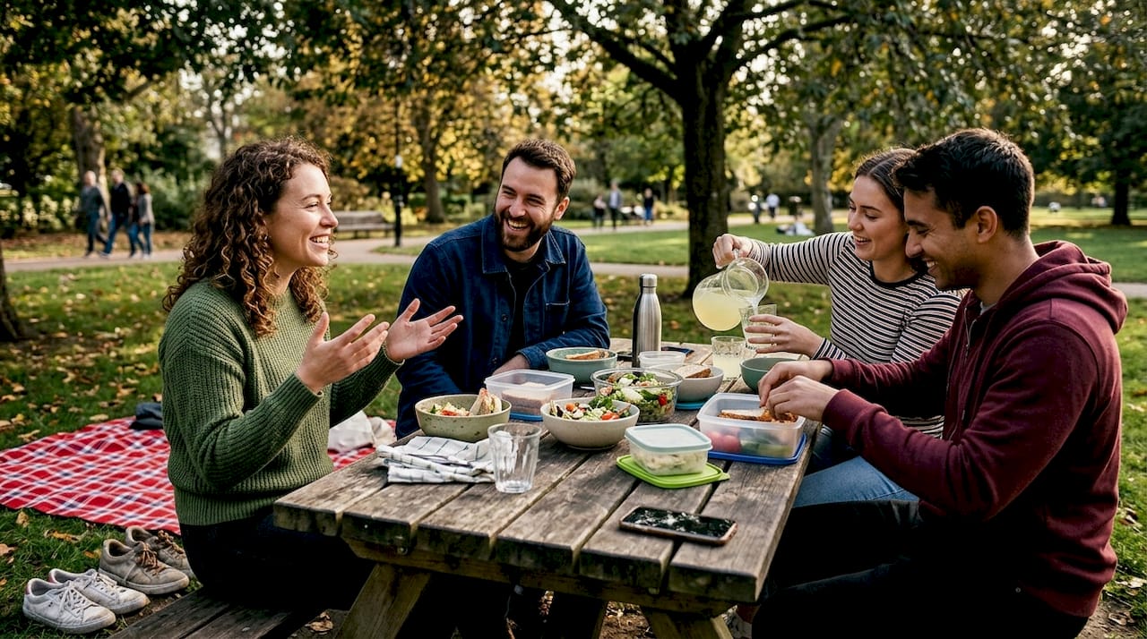 Friends sharing picnic in city park