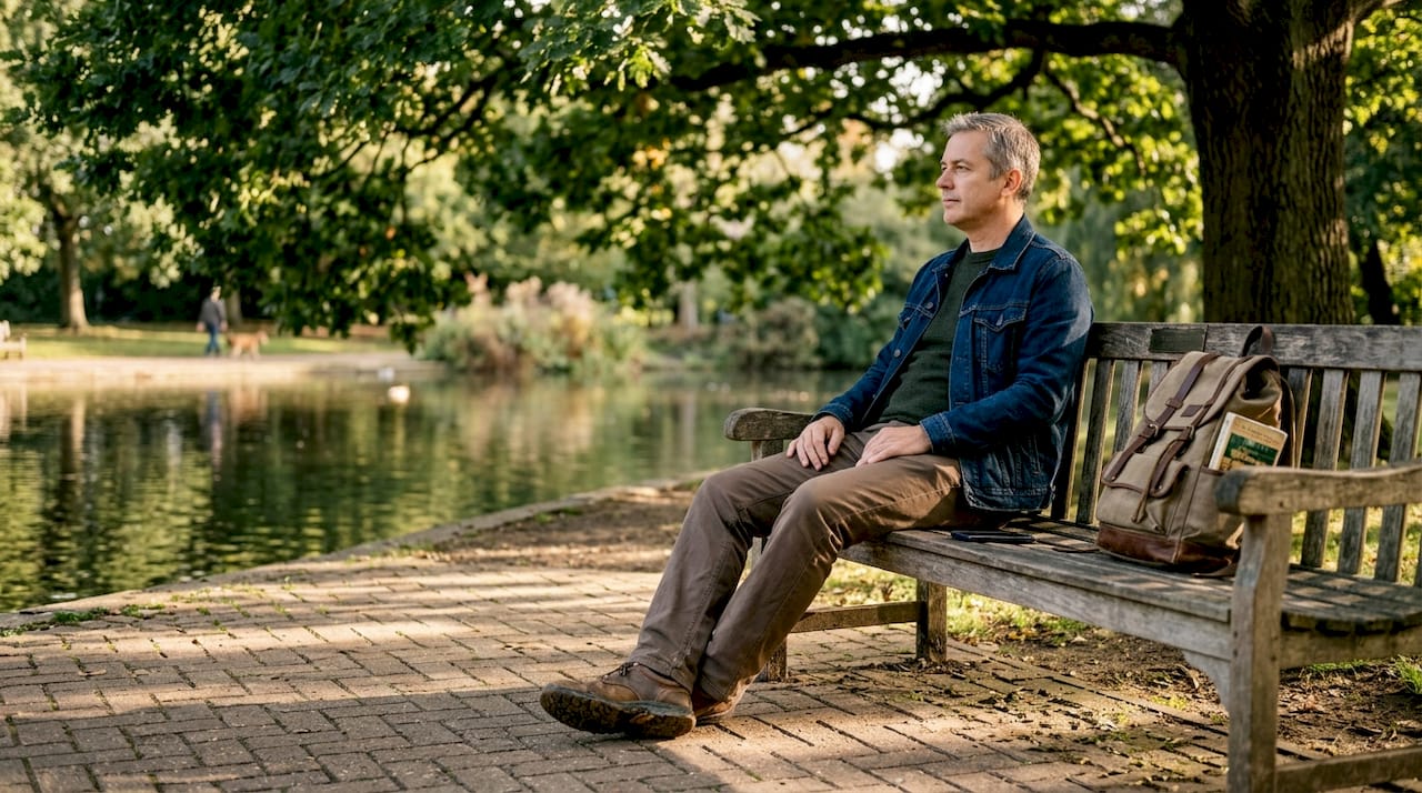 Man relaxing on park bench mindfully