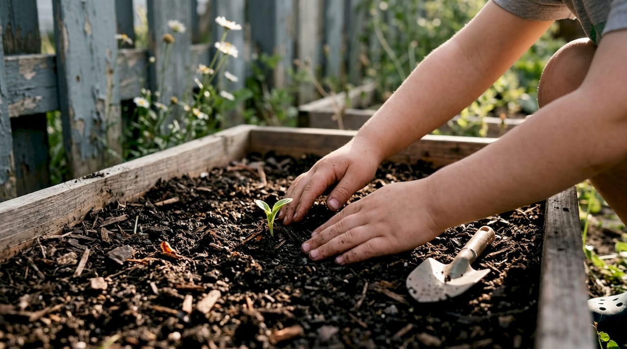 Child’s hands reveal new sprouting seedling