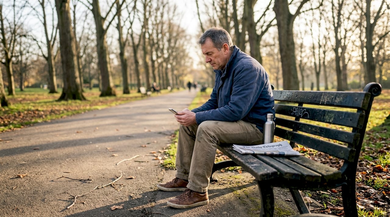 Man reflecting alone on park bench