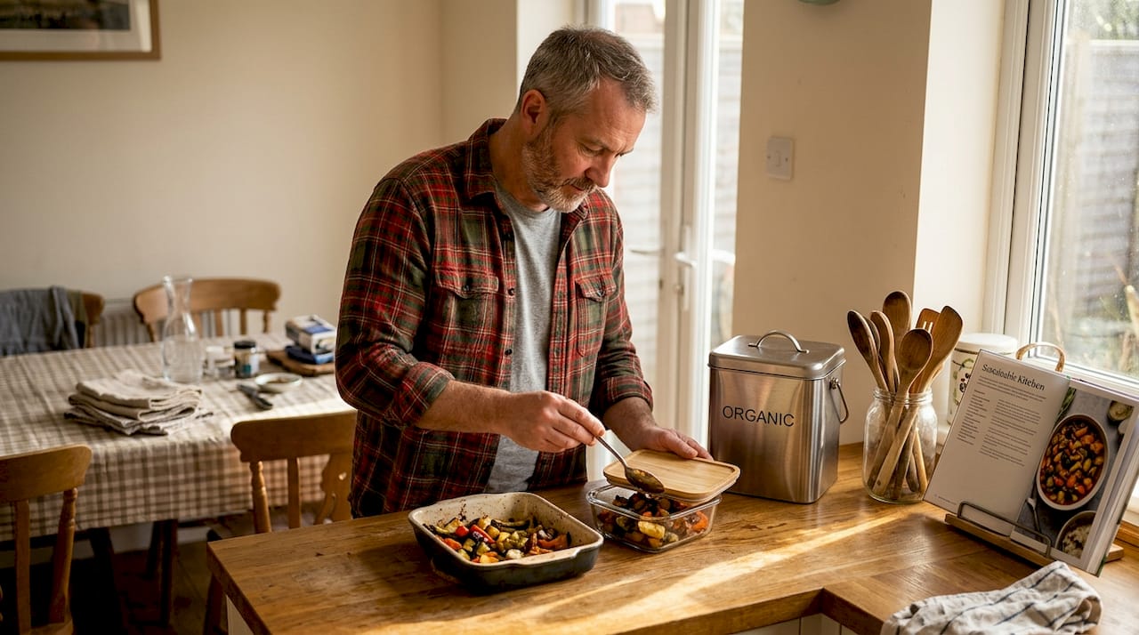 Man storing food scraps for composting