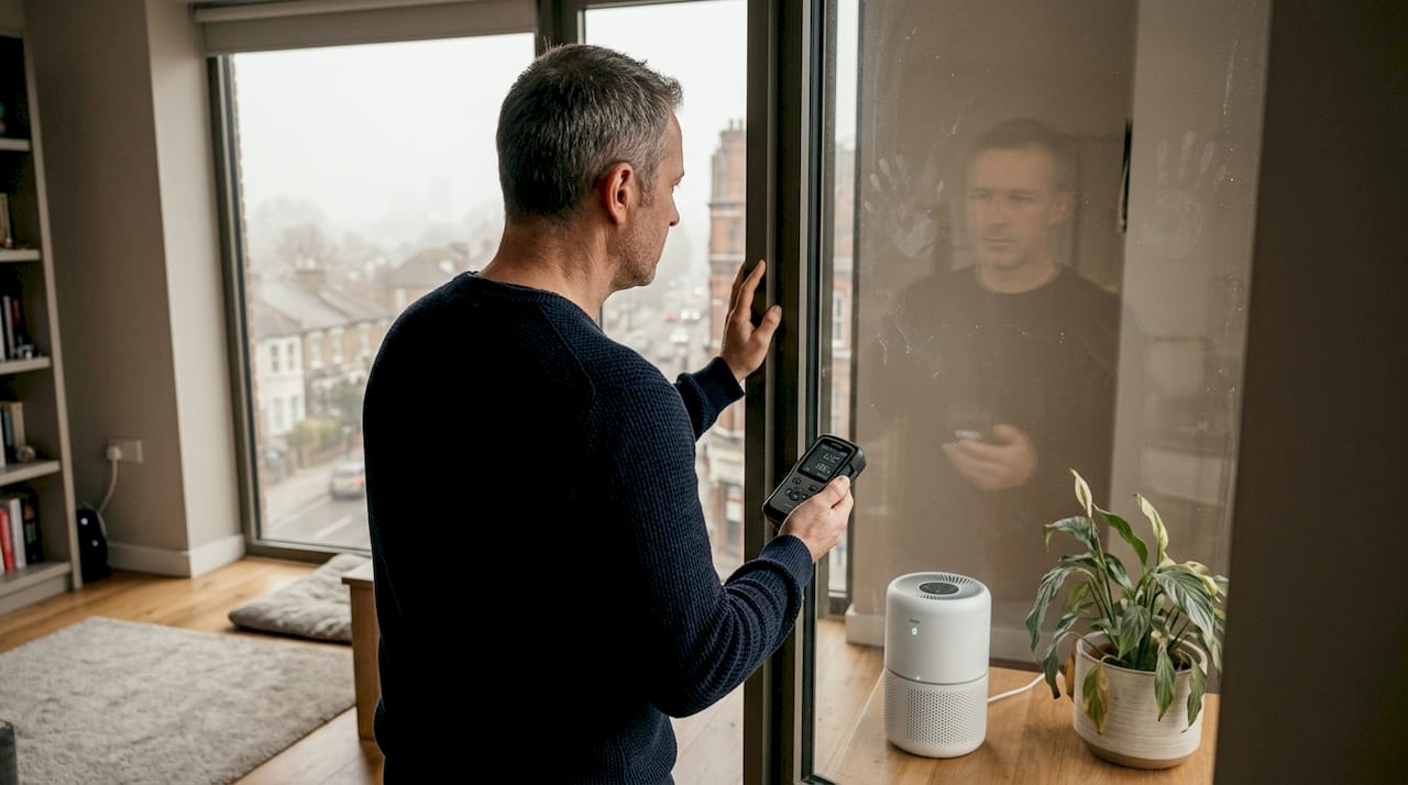 Man checks air quality in city apartment