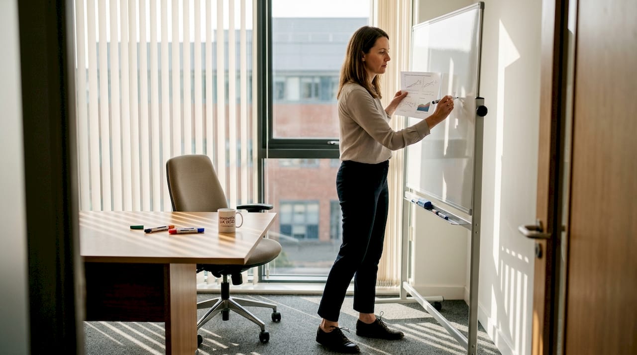 Woman reviewing printed data by whiteboard