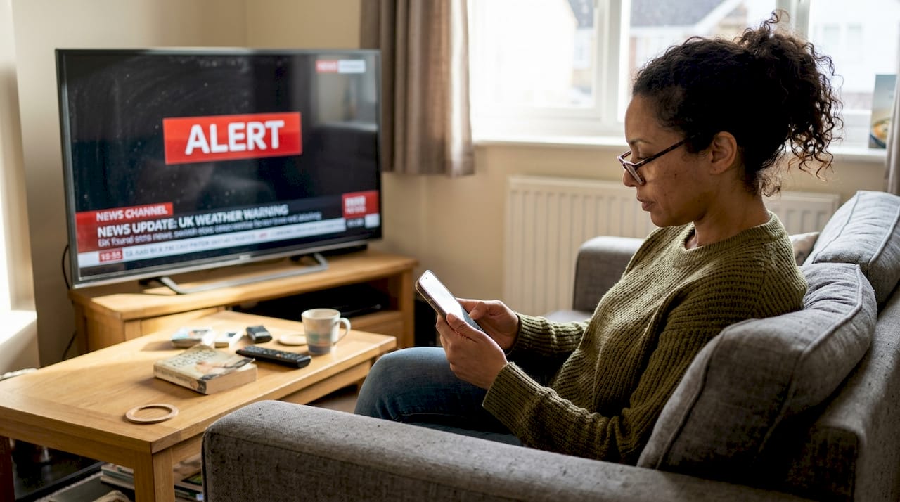 Woman scrolls news on phone at home