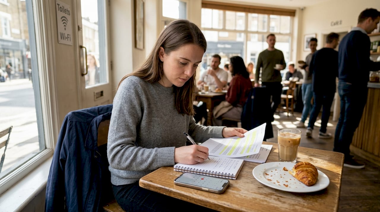 Woman reviewing decisions in bright café