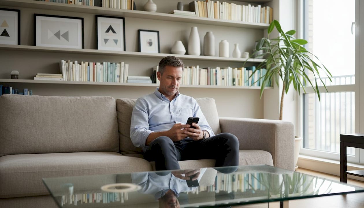 Man sitting in impersonal styled living room