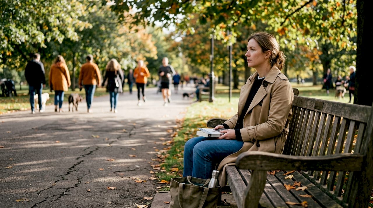 Woman reflecting on park bench in autumn