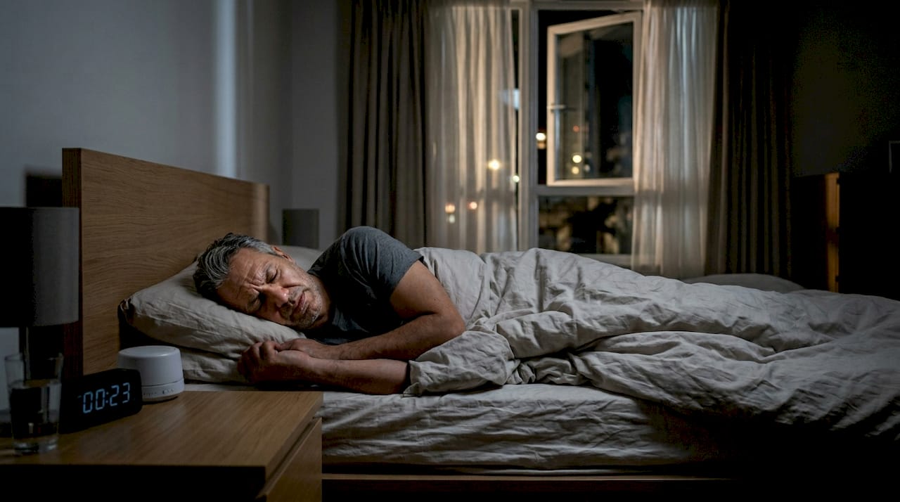 Man in bed with noise machine at night