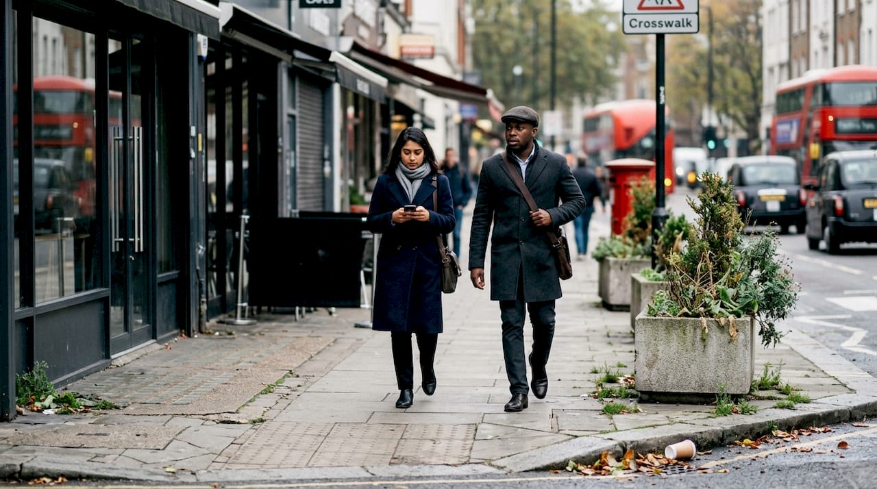 Urban commuters hurry past faded city plants