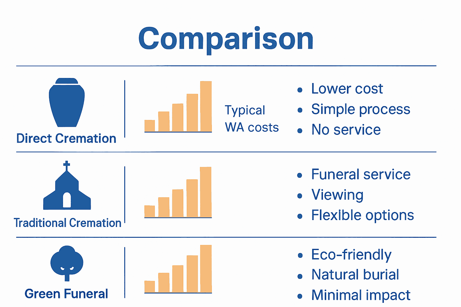 Infographic comparing affordable funeral options: direct cremation, traditional cremation, green funeral.