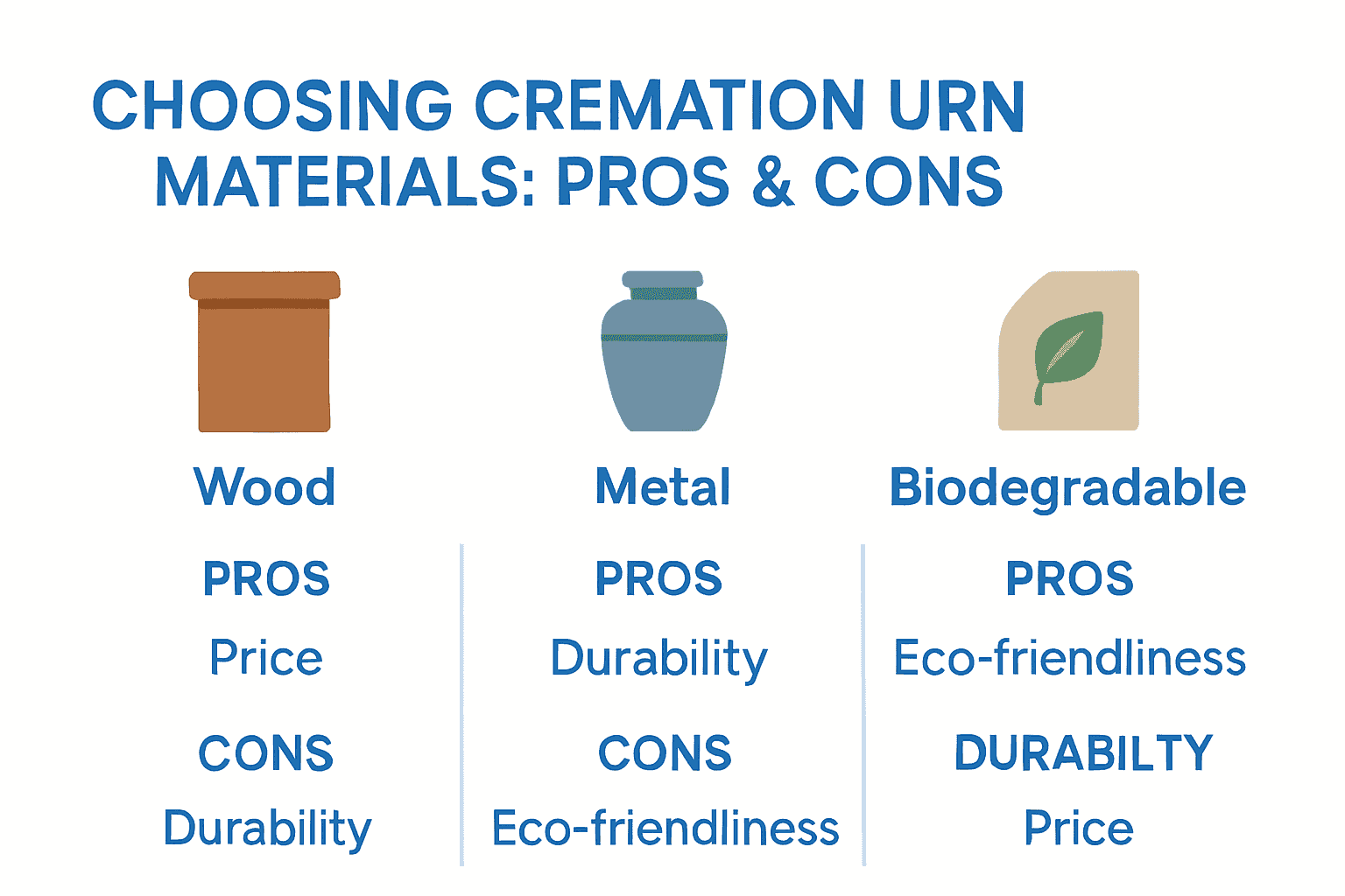 Infographic comparing wood, metal, and biodegradable urn materials