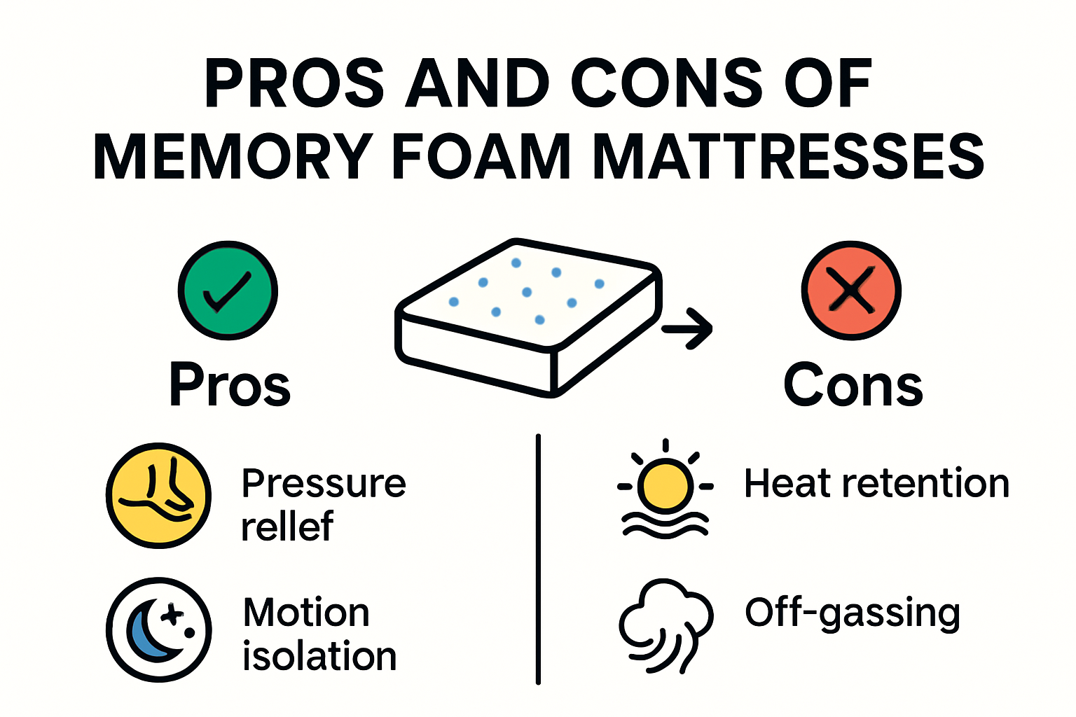 Infographic outlining the benefits and drawbacks of memory foam mattresses.