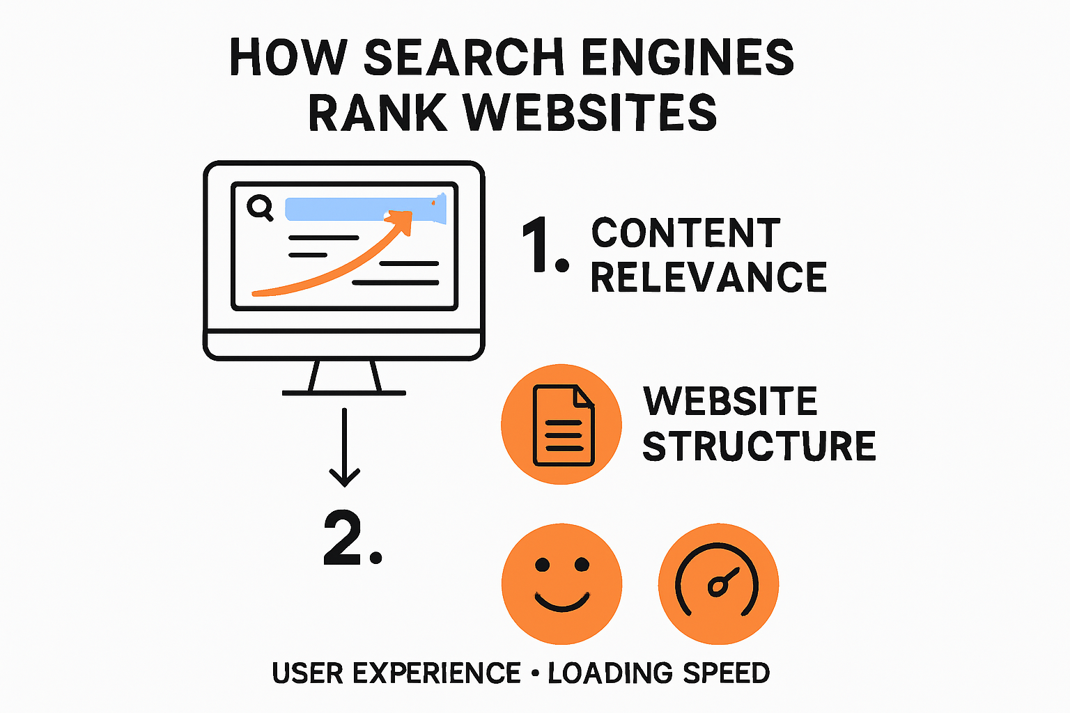 Visual summary of SEO purpose and search engine ranking factors.