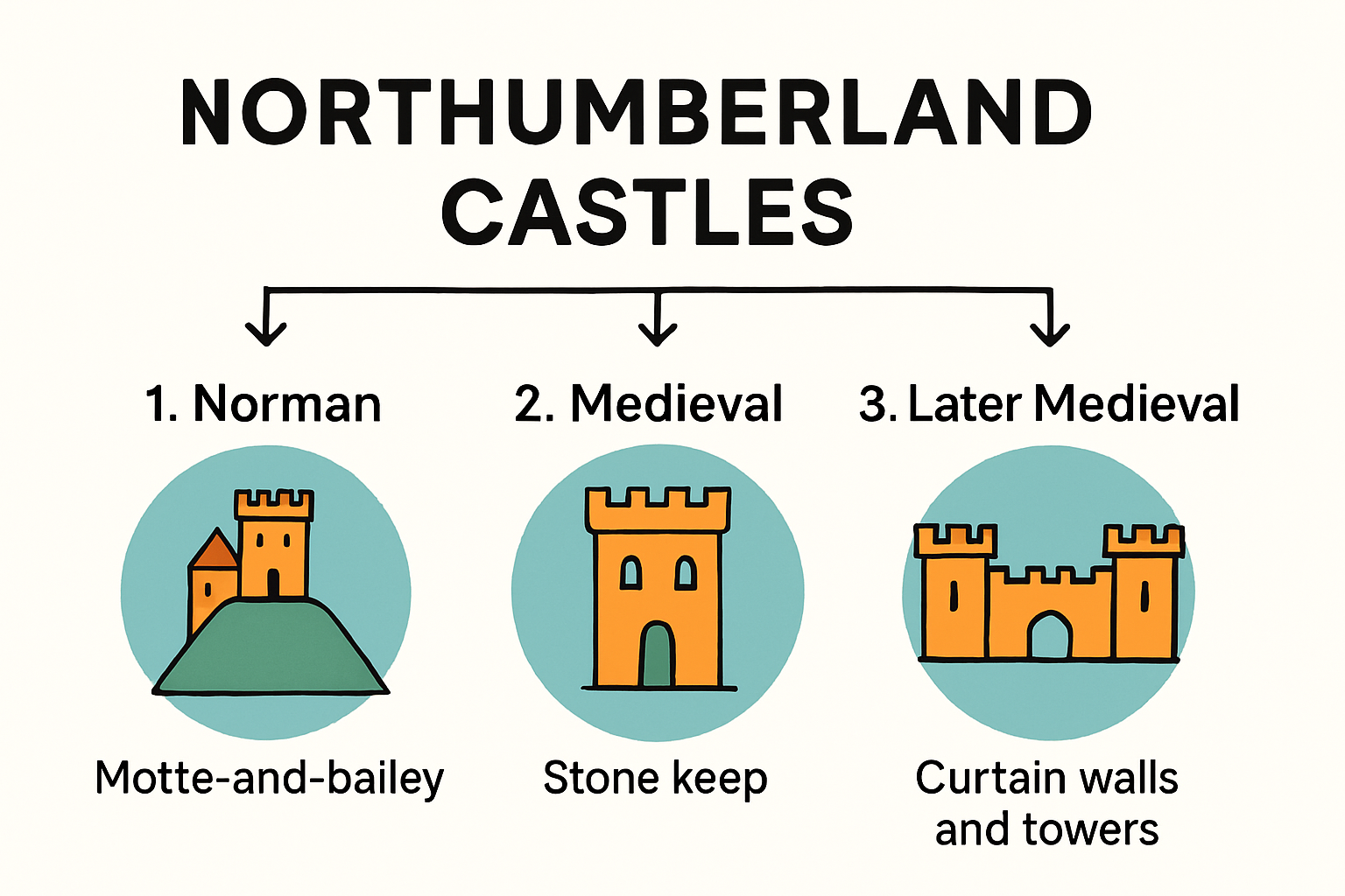 Timeline of Northumberland castle history with features.