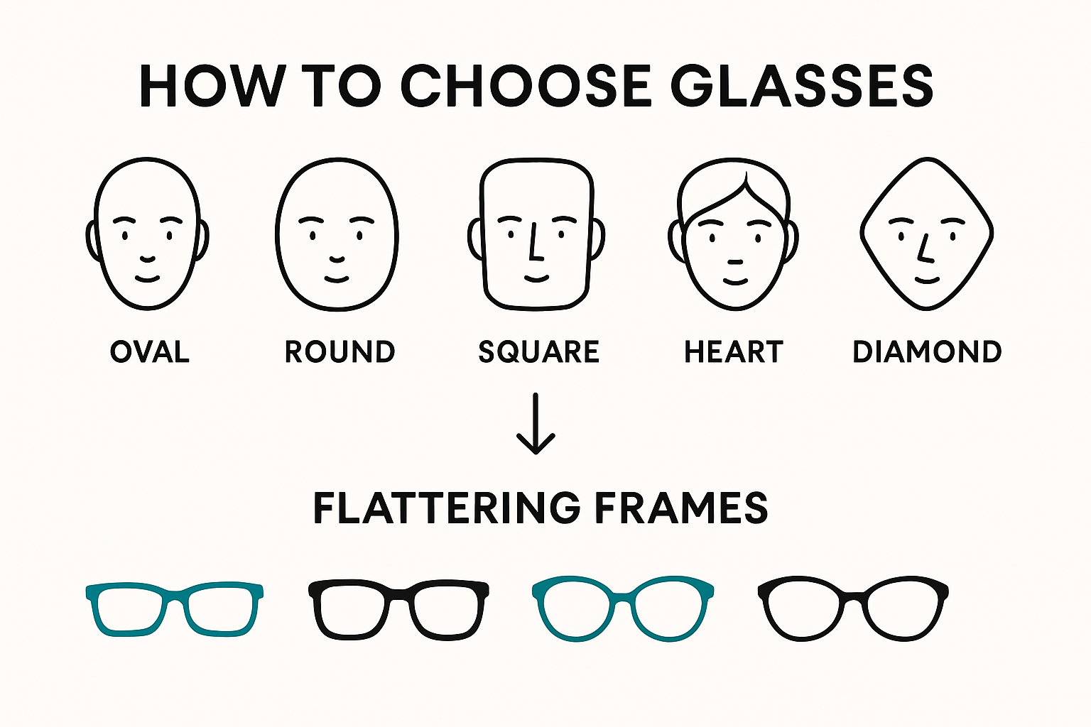 Guide on matching glasses frames to different face shapes.