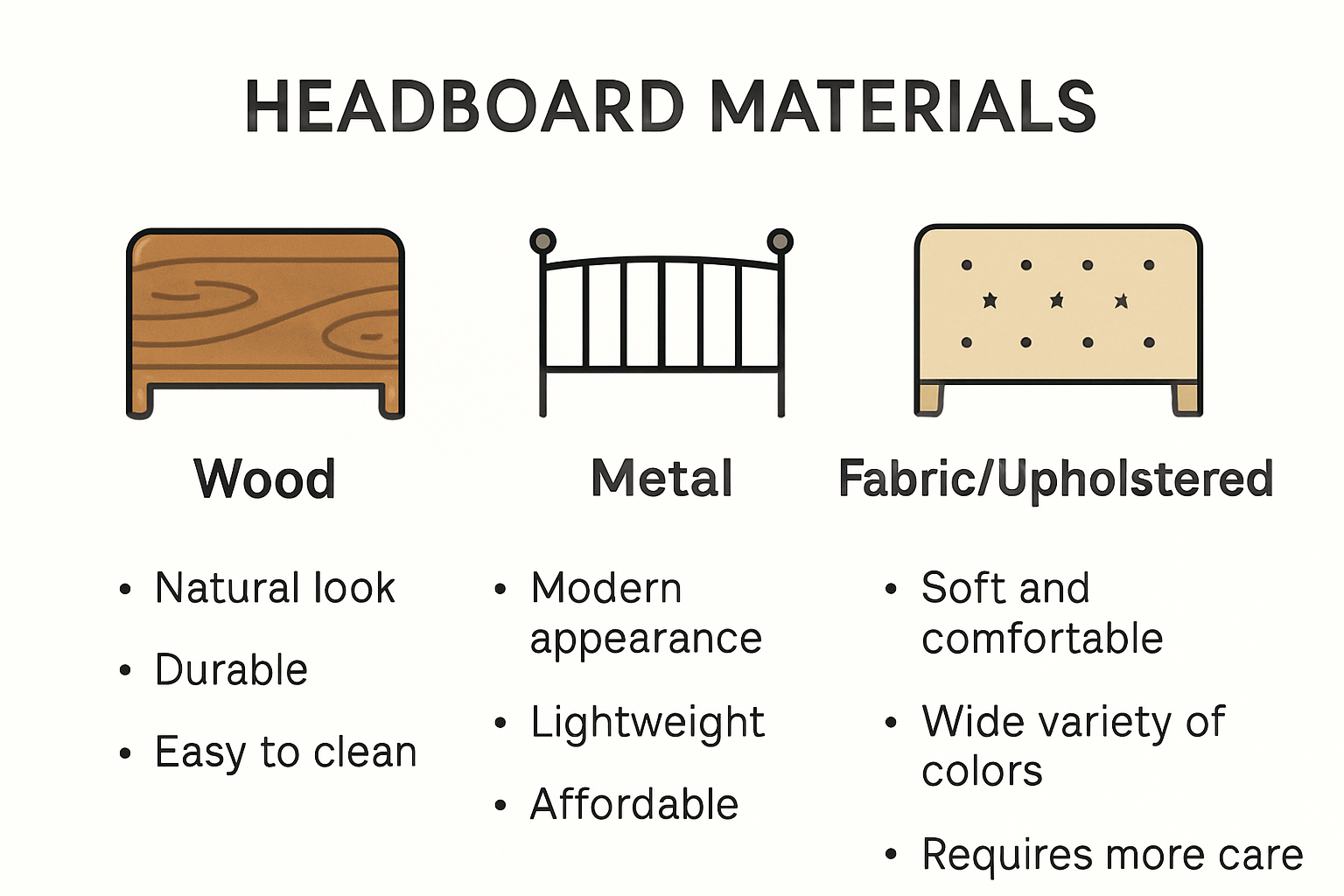Comparison of wood, metal, and fabric headboard types