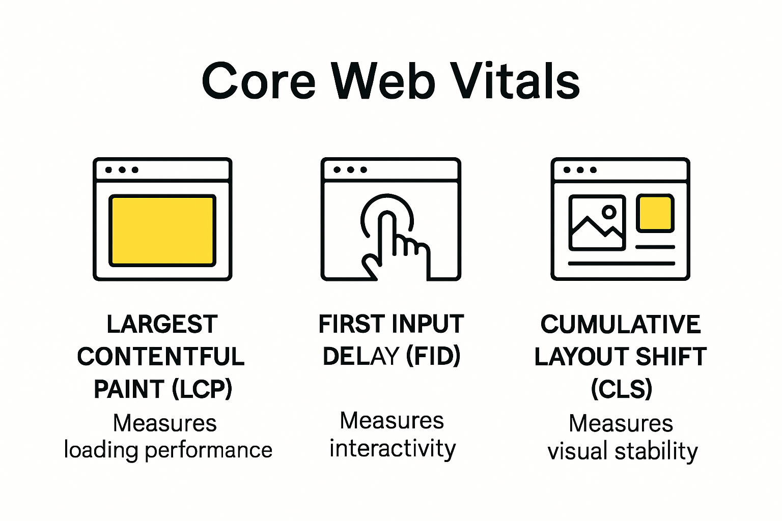 Infographic explaining Core Web Vitals: LCP, FID, CLS for SEO.