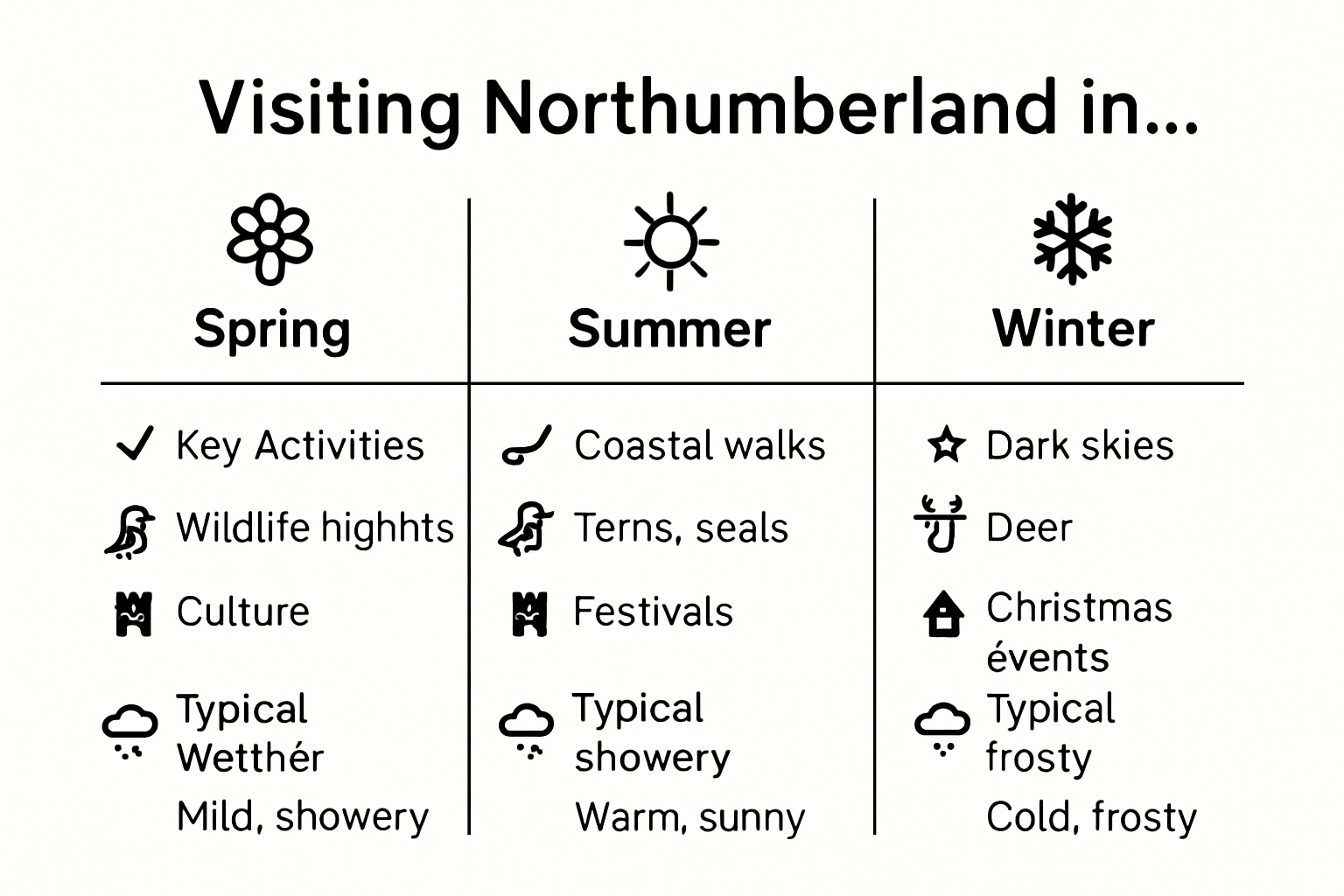 Infographic comparing seasonal highlights for visiting Northumberland.