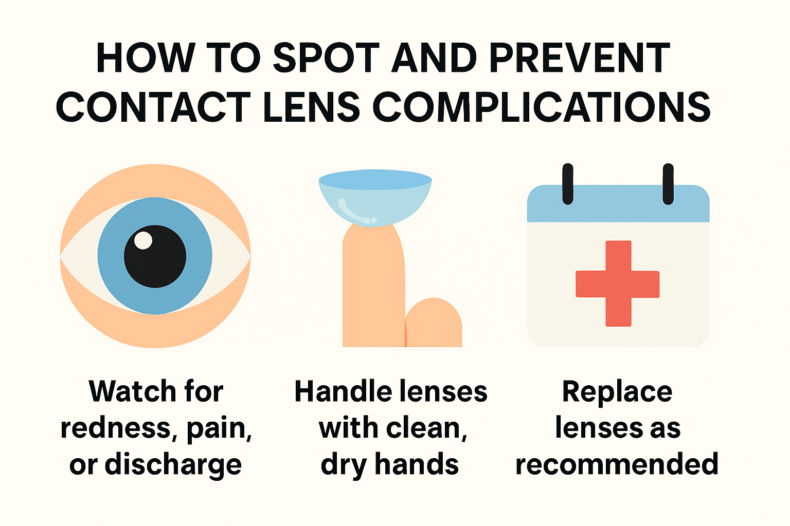 Infographic on spotting and preventing contact lens complications.
