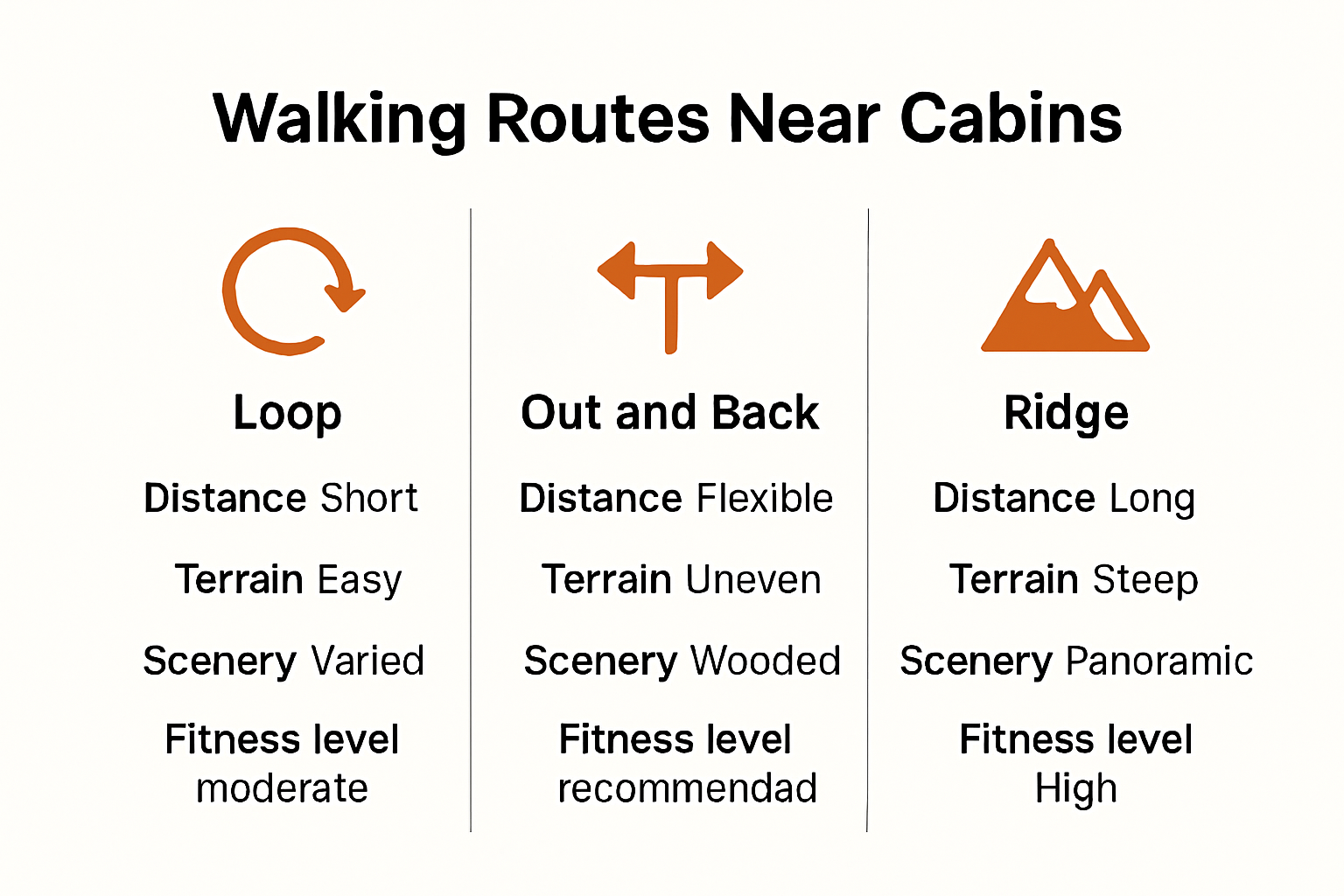 Comparison chart of walking route types near cabins