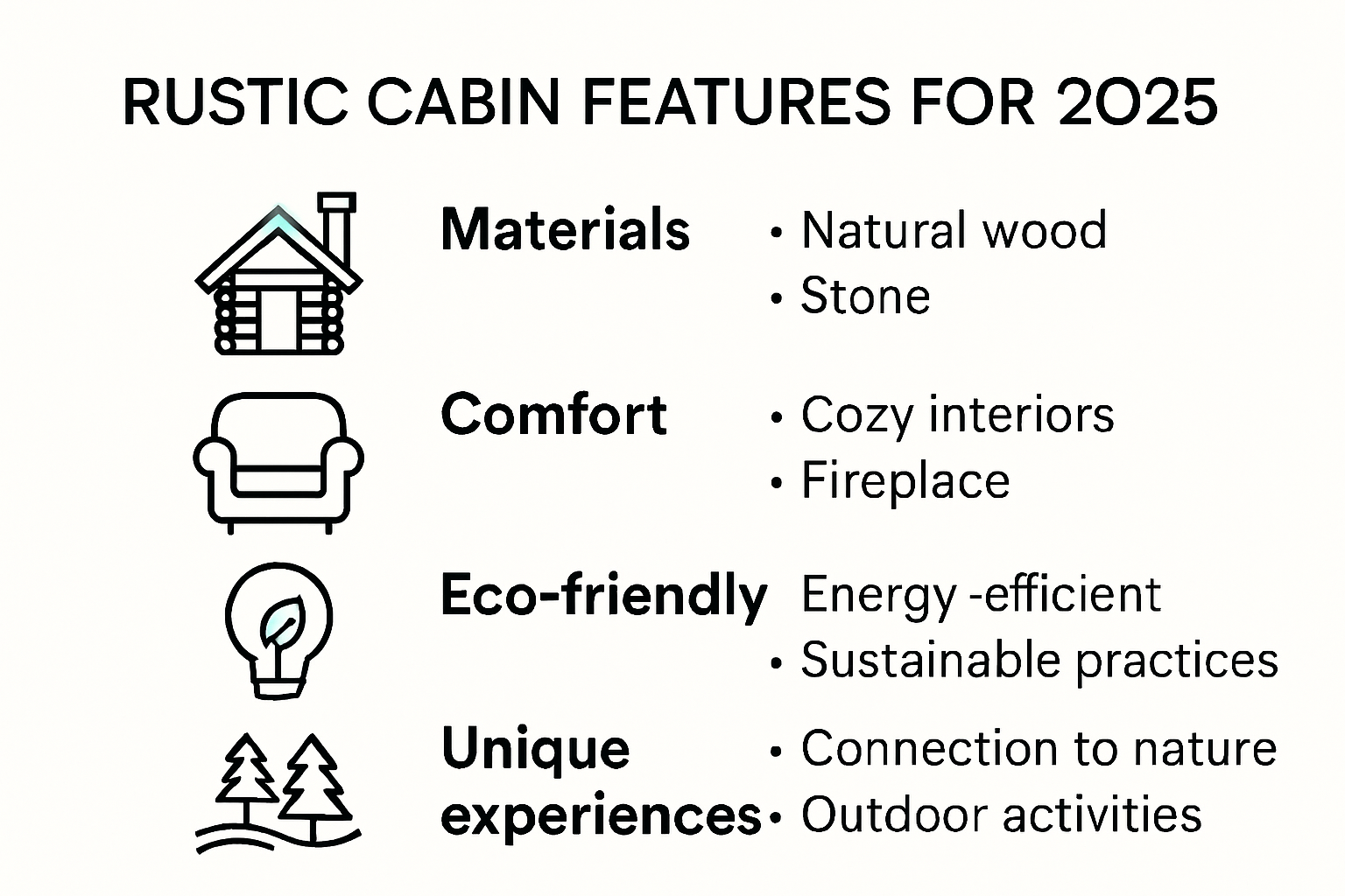 Infographic listing top rustic cabin features for 2025