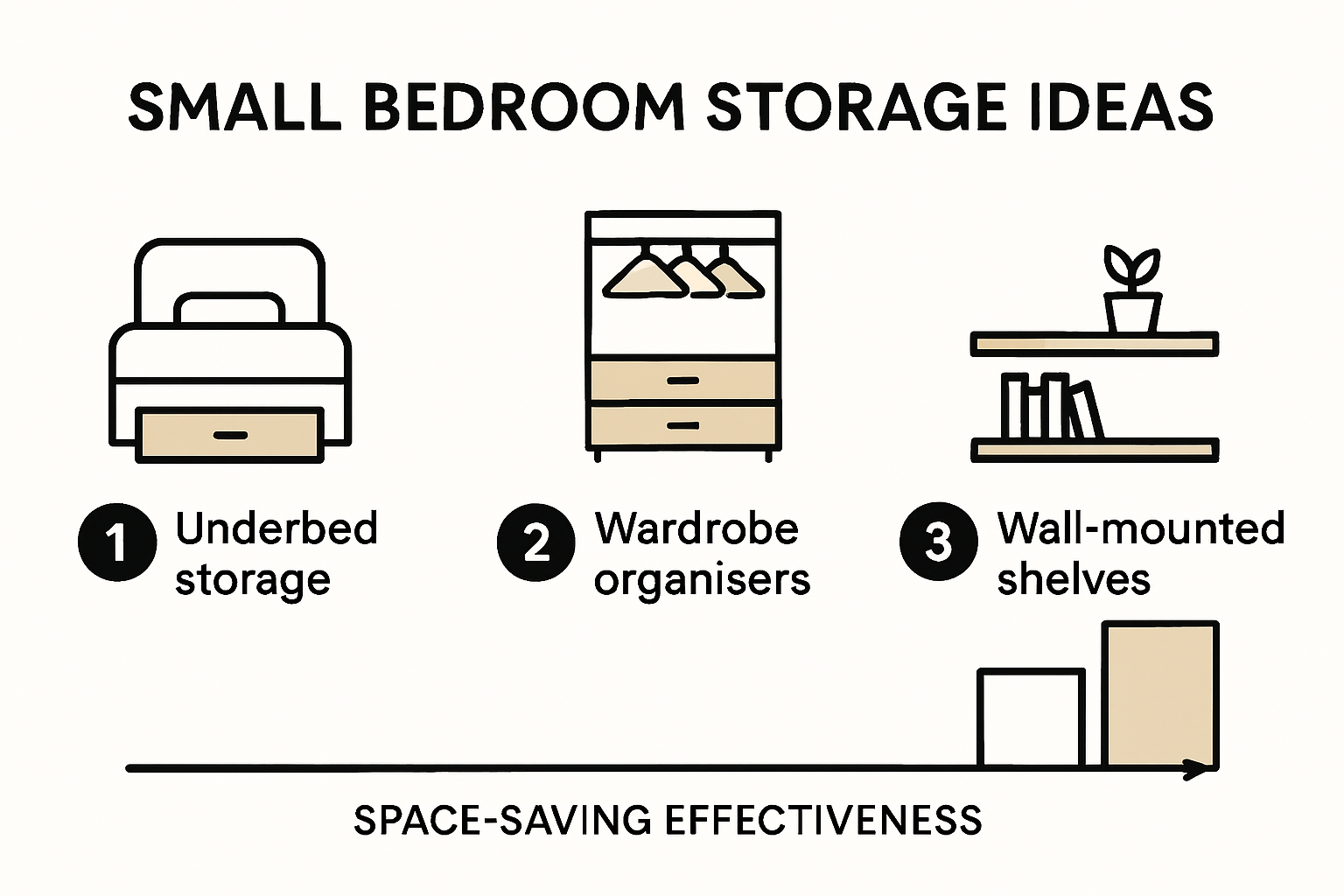Infographic showing five space-saving bedroom storage ideas