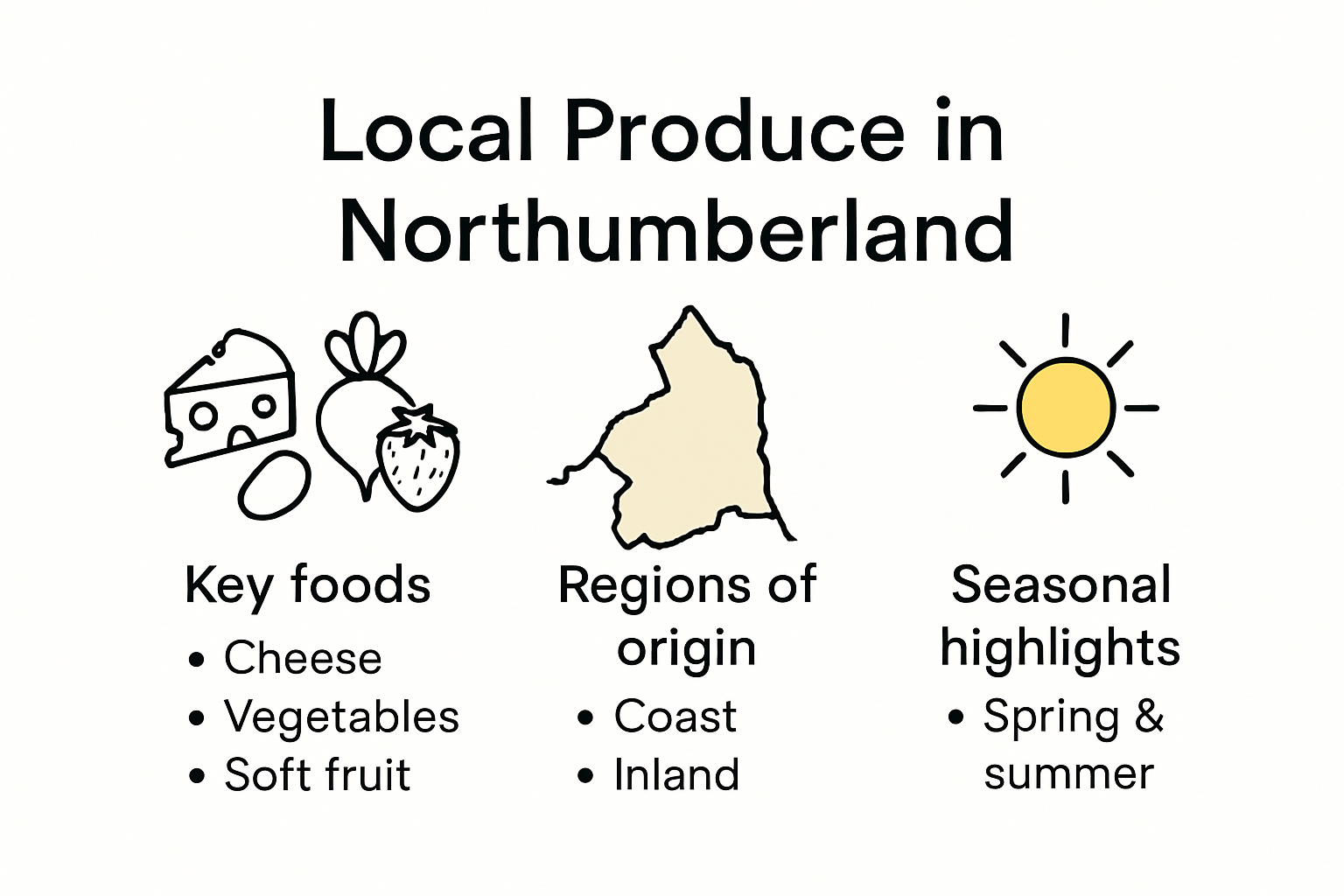 Map and icons of Northumberland's top local produce and food regions