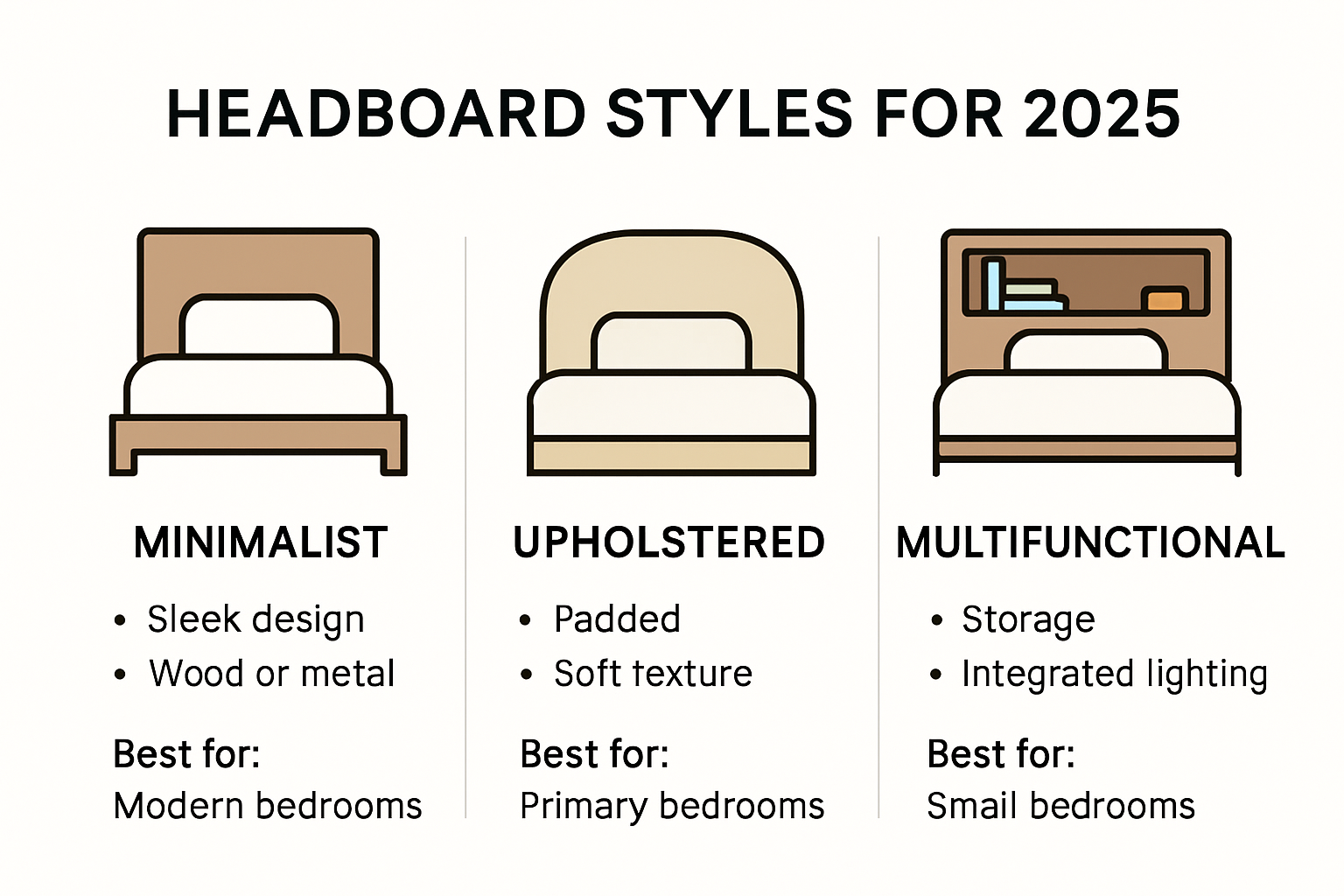 Infographic showing headboard styles, features, and ideal rooms