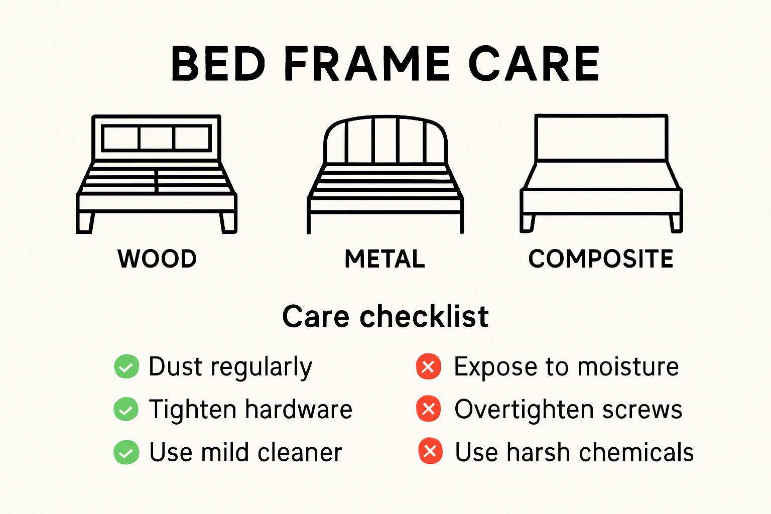 Infographic: steps to maintain wood, metal, composite bed frames